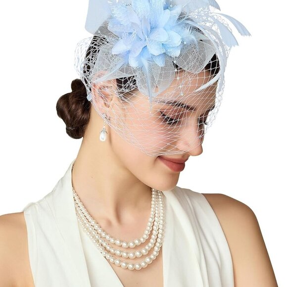 Women Fascinators Hat Light Blue Mesh Feathers Veil Derby Tea Party - Picture 1 of 6